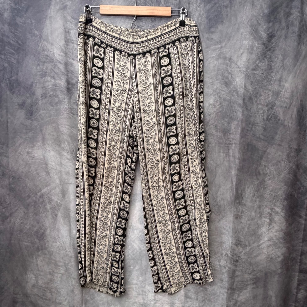 Abercrombie & Fitch Boho Wide Leg Pants Small Black Cream Floral Stripe Viscose